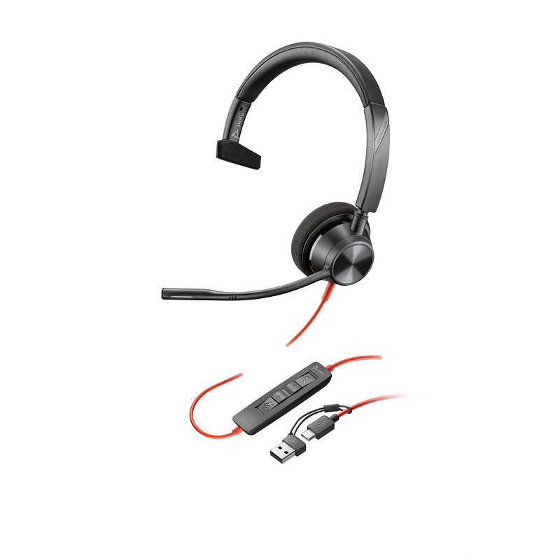 HP Poly Blackwire 3310 Monaural USB-C Headset +USB-C/A Adapter