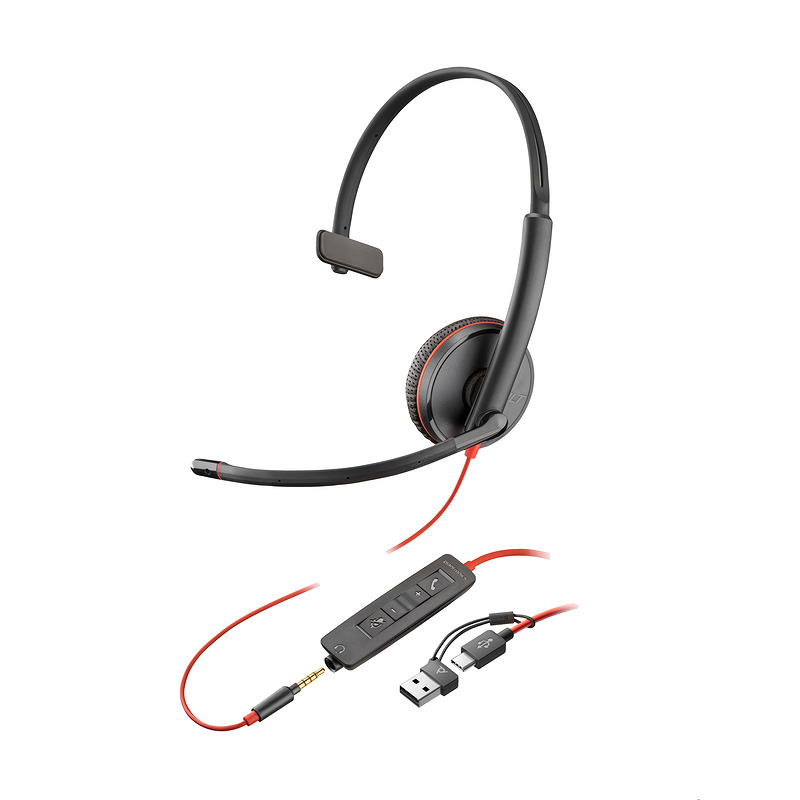HP Poly Blackwire 3215 Monaural USB-C Headset +3.5mm Plug +USB-C/A Adapter