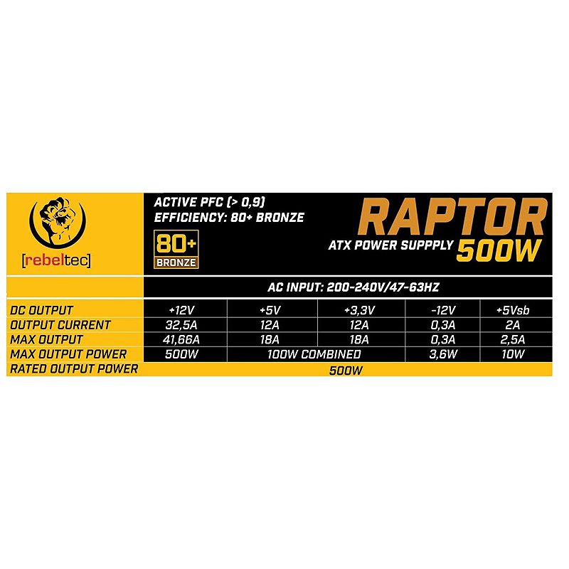 Rebeltec ATX Power Supply RAPTOR 500W 80+ Bronze, Single Rail, DC-DC - Billede 3
