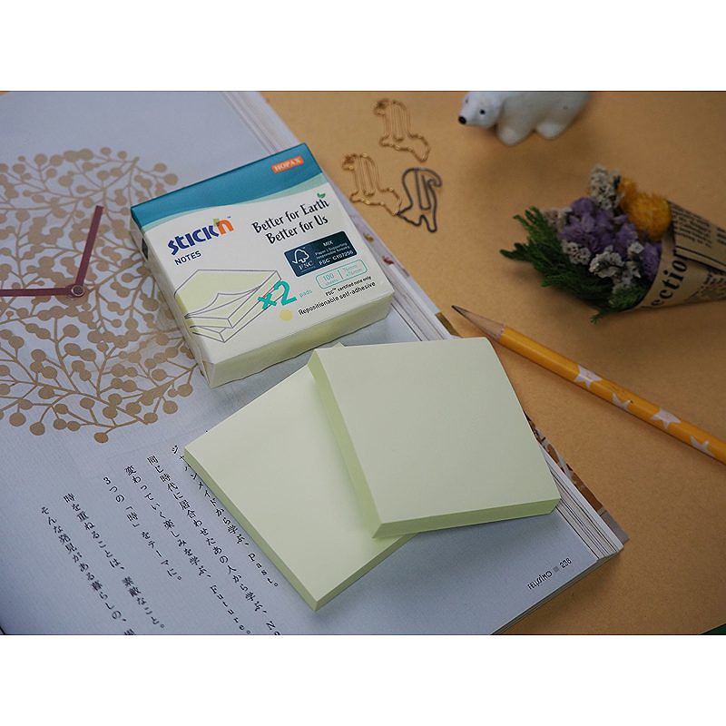 Notepad FSC 76x76 100 ark 2 pakker Pastelgul Kartonomslag