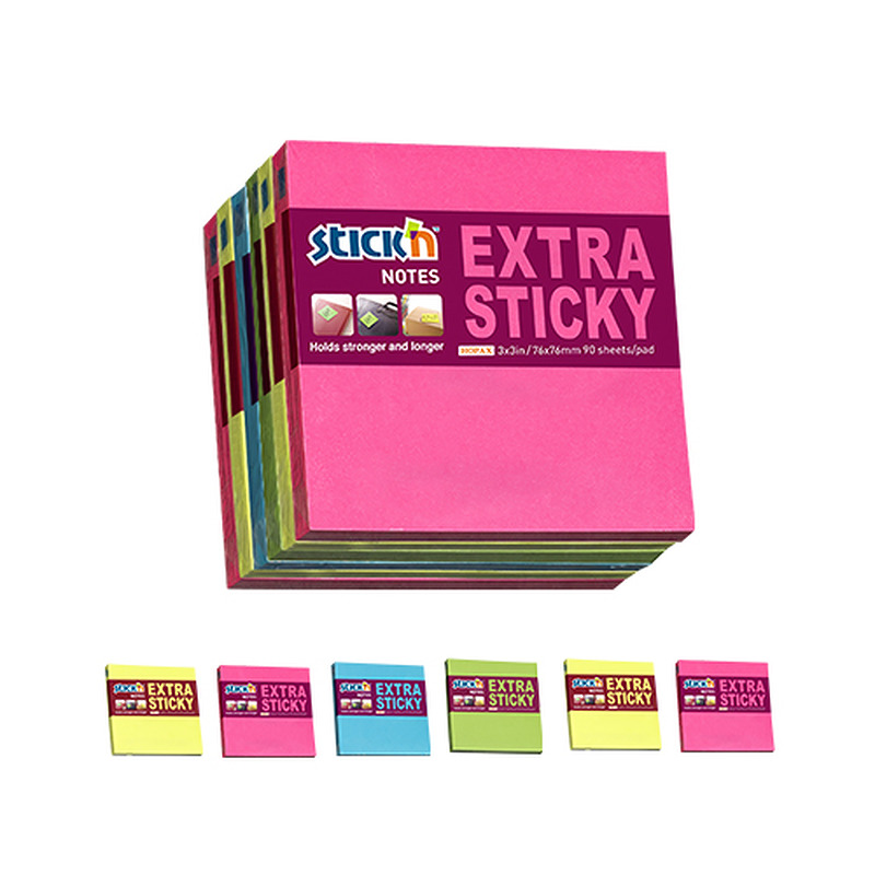 Notesblokke Extra Sticky 76x76 mm 90 ark 6-pak Neon Assorteret 4 Farver - Billede 2