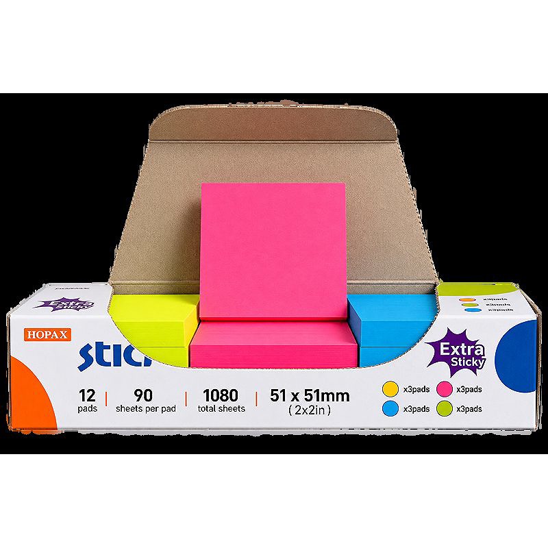 Notes Extra Sticky 51x51mm 90 Ark 12-pak Neon Assorterede 4 Farver