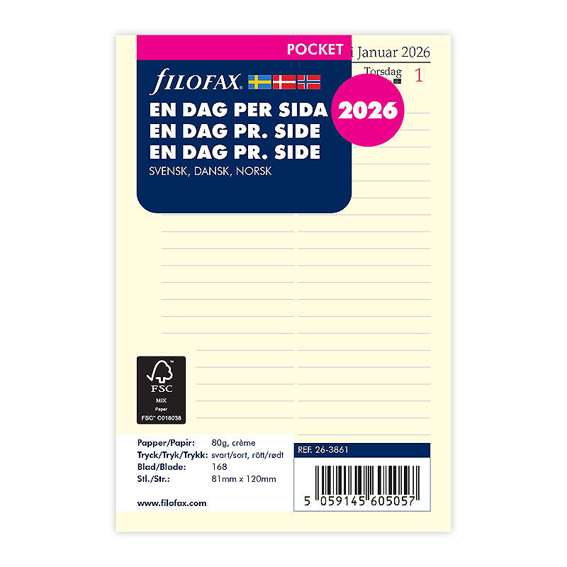 Refill Pocket 2026 Dag Per Siden Svensk/Dansk/Norsk - Billede 2
