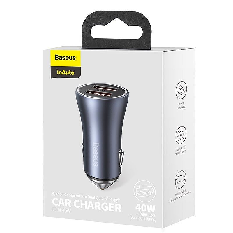 żBaseus car charger Golden Contactor Pro 2x USB QC 40W black + cable USB - USB-C 5A - Billede 5