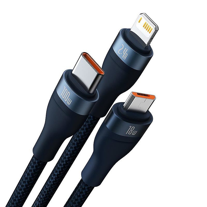 Baseus cable 3in1 Flash II USB - micro USB + Lightning + USB-C 1,2m 3,5A blue 66W - Billede 2