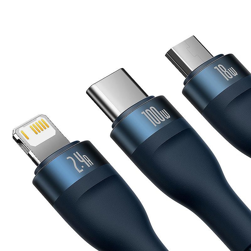 Baseus cable 3in1 Flash II USB - micro USB + Lightning + USB-C 1,2m 3,5A blue 66W - Billede 3
