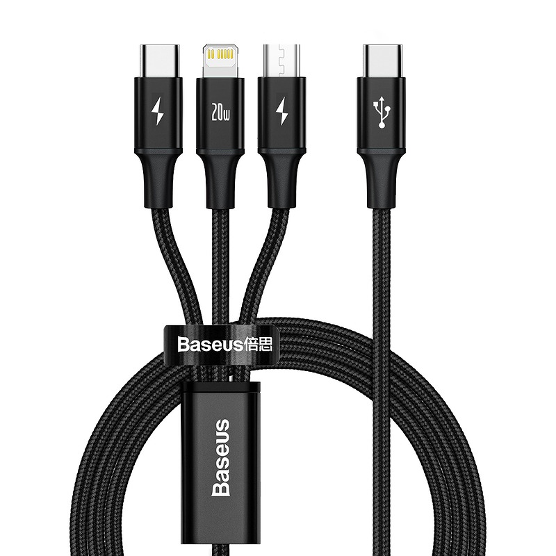 Baseus cable 3in1 Rapid PD USB-C - micro USB + Lightning + USB-C 1,5m black 20W - Billede 2