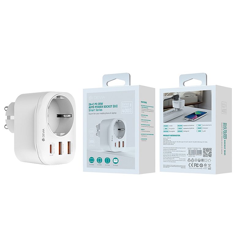 Devia power socket PD charger 20W 1x USB-C 2x USB 3A white - Billede 2