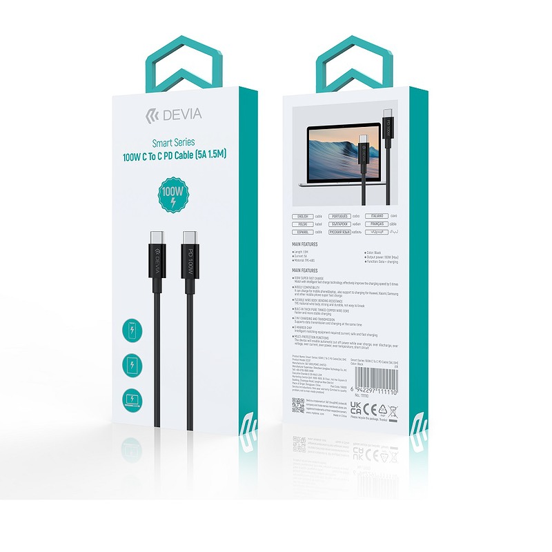 Devia cable Smart EC317 PD USB-C - USB-C 1,5 m 100W 5A black - Billede 4