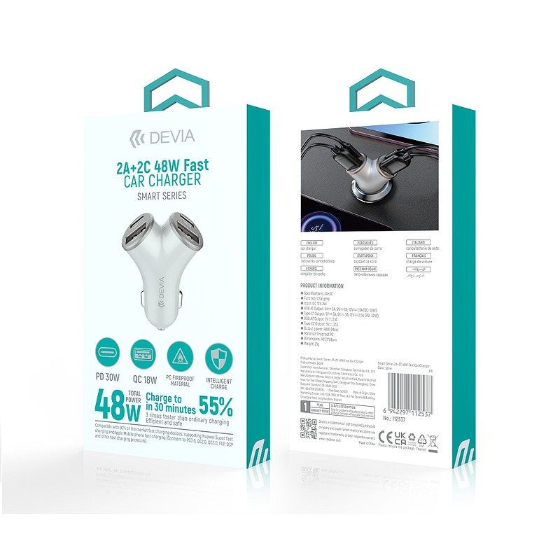 Devia car charger Extreme Metal PD 48W 2x USB 2x USB-C silver - Billede 2