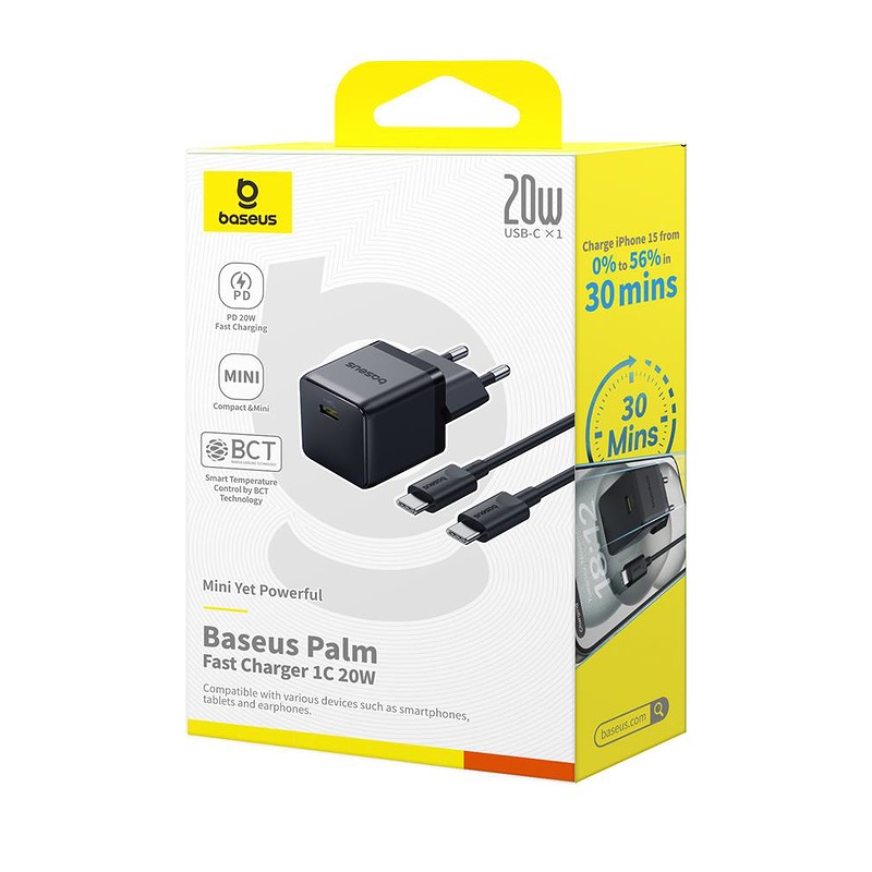 Baseus Palm Fast Charger Wall Charger 20W 1×USB-C Wall Charger + Cable Cluster Black - Billede 4