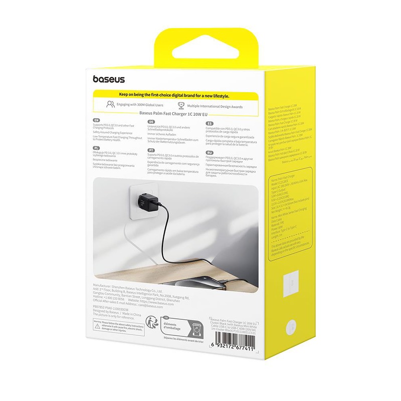Baseus Palm Fast Charger Wall Charger 20W 1×USB-C Wall Charger + Cable Cluster Black - Billede 5