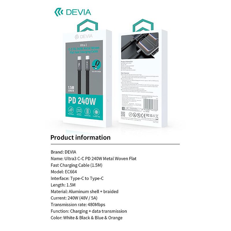 Devia Ultra3 usb-c PD 240W Metal Woven Flat Fast Charging Cable 1,5 m white - Billede 2