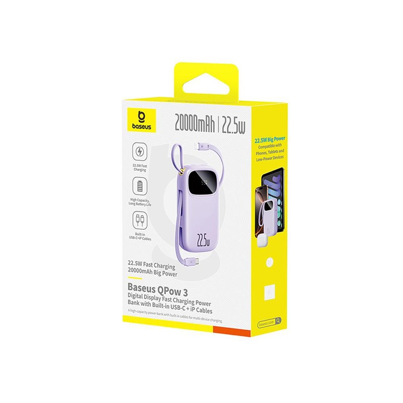 Baseus Qpow3 Digital Display Fast Charging power bank 22.5W 20000mAh Nebula Purple - Billede 3