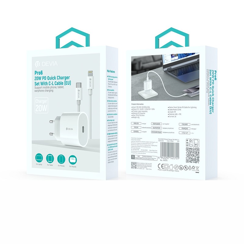 Devia wall charger Pro6 QC 1xUSB-C 20W + USB-C-Lightning cable white - Billede 3