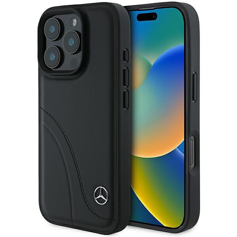Mercedes case for iPhone 16 Pro 6,3" MEHCP16L23RBCSK Hardcase MB Curved Stitches Leather black