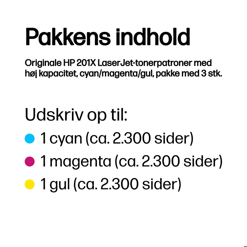 HP Originale 201X LaserJet-tonerpatroner med høj kapacitet, cyan/magenta/gul, pakke med 3 stk. - Billede 3