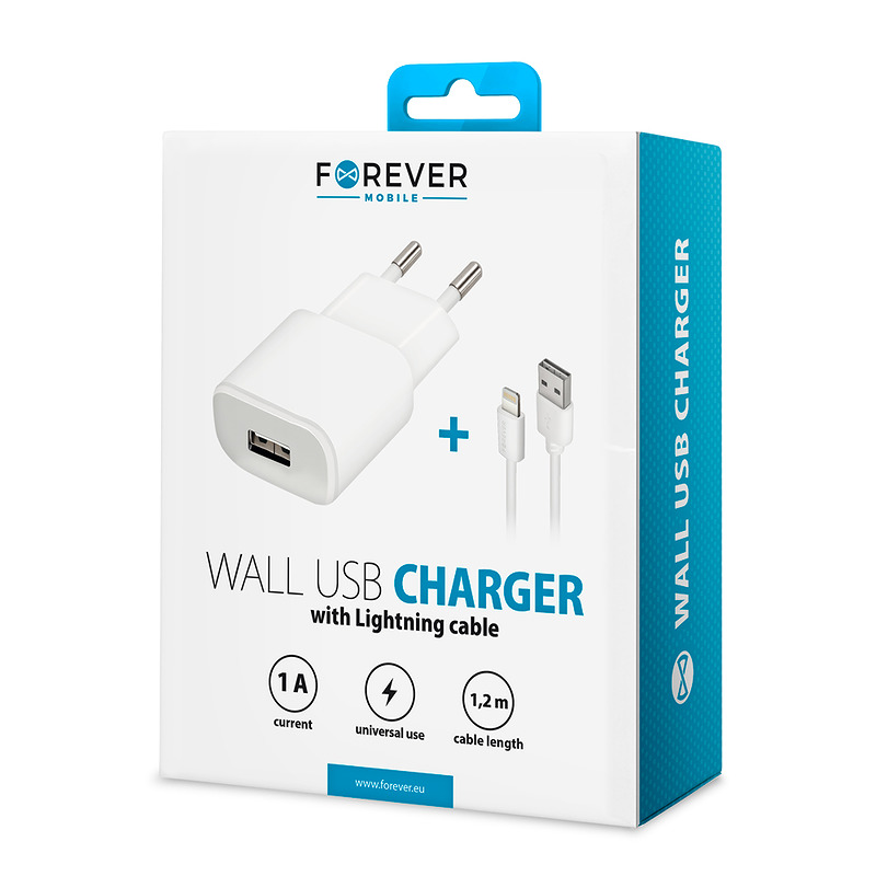 Forever TC-01 charger 1x USB 1A white + Lightning cable - Billede 5