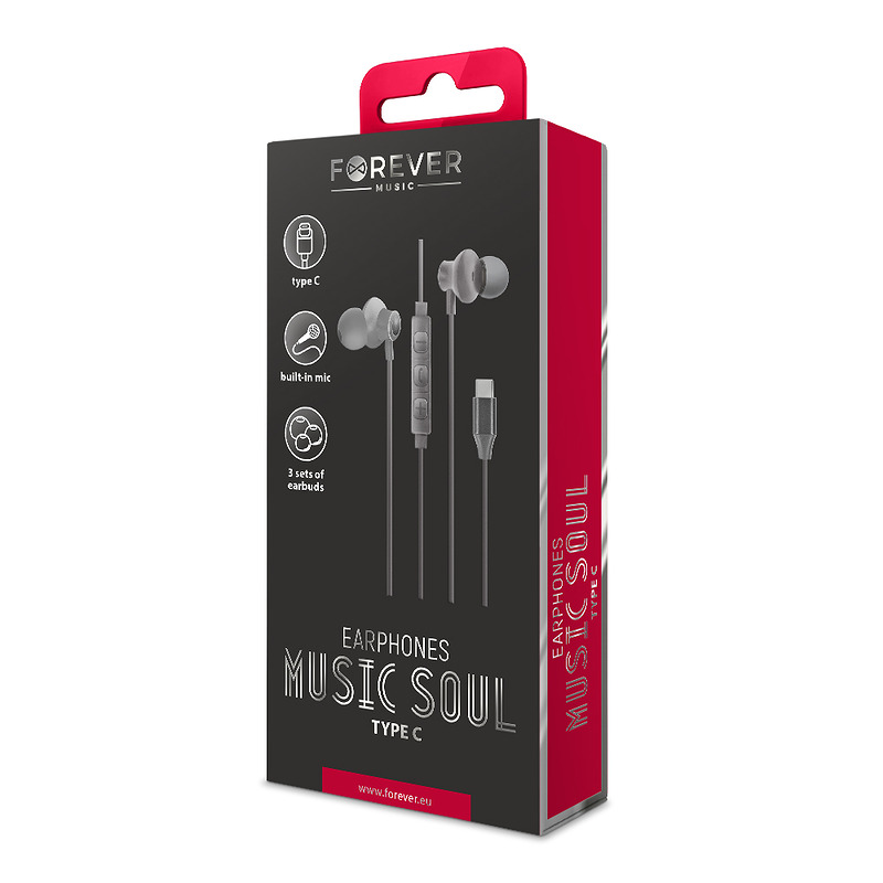 Forever wired earphones Music Soul USB-C black with microphone - Billede 2