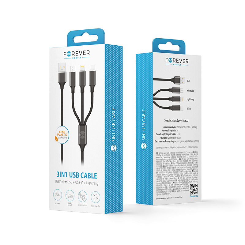Forever 3in1 cable USB - Lightning + USB-C + microUSB 1,2 m 2A black - Billede 3