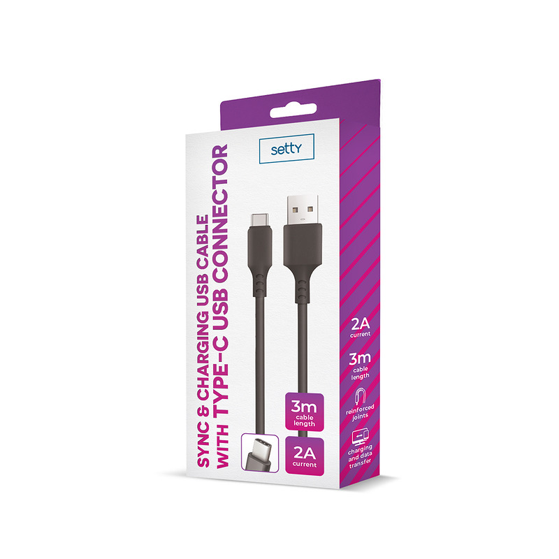 Setty cable USB - USB-C 3,0 m 2A black NEW - Billede 2