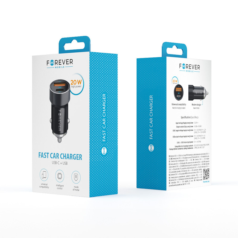 Forever CC-06 PD QC car charger 1x USB-C 1x USB 20W black - Billede 4