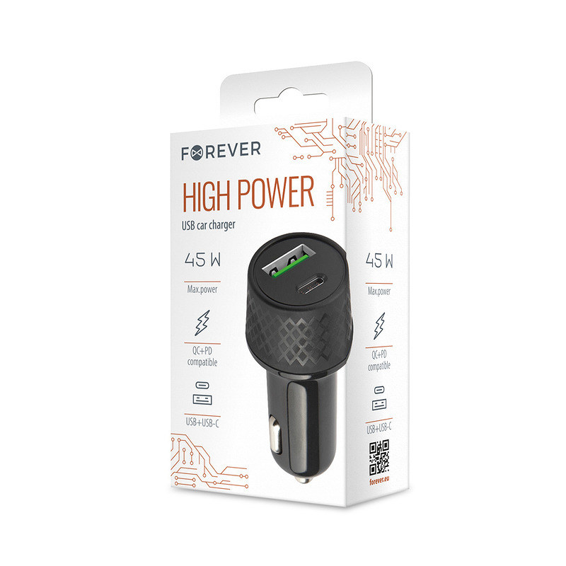 Forever car charger 1xUSB 2,4A + 1xUSB-C PD 45W LA-04 black - Billede 2