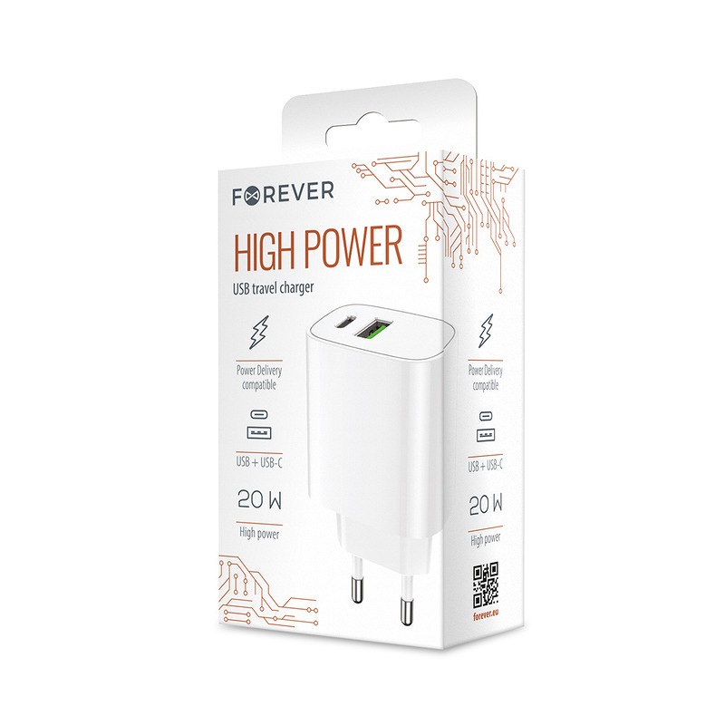 Forever wall charger 1xUSB QC 3.0 + 1xUSB-C PD 20W LS-04 white - Billede 2