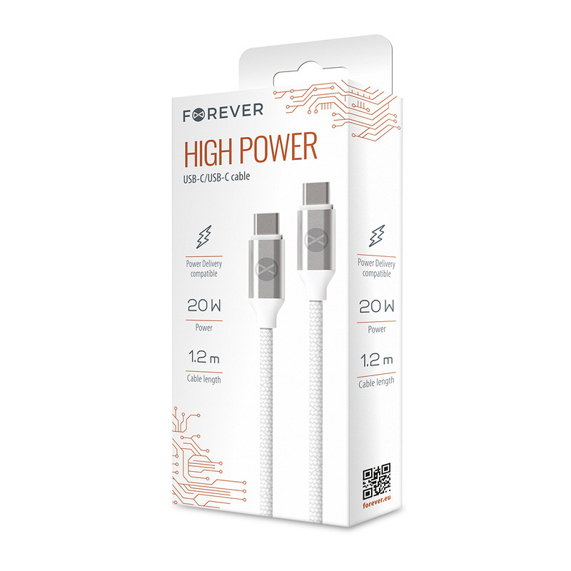 Forever cable USB-C - USB-C 1,2 m 3A 20W WHP12320 white - Billede 2