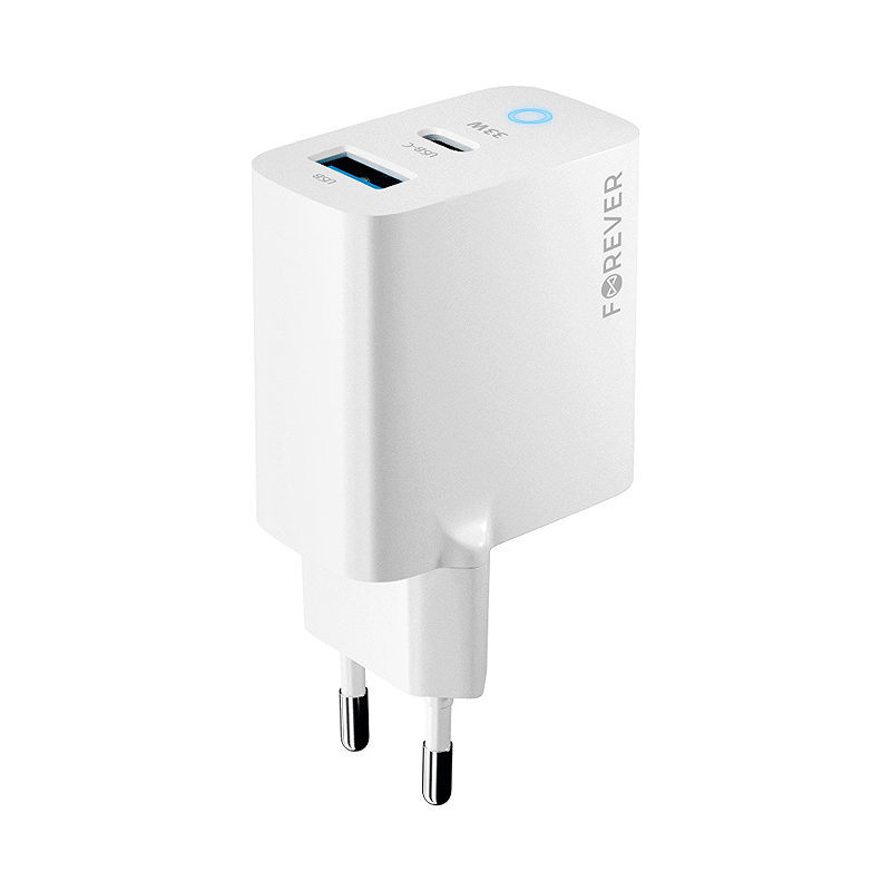 Forever TC-06-33AC GaN PD QC charger 1x USB-C 1x USB 33W white - Billede 3