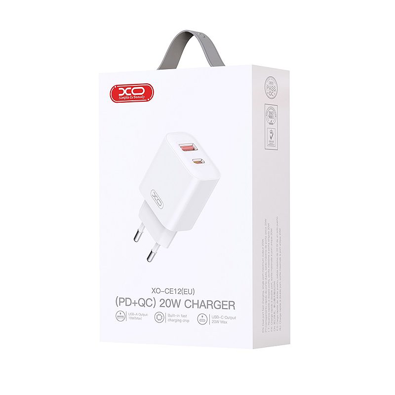 XO wall charger CE12 PD QC 3.0 20W 1x USB 1x USB-C white - Billede 3
