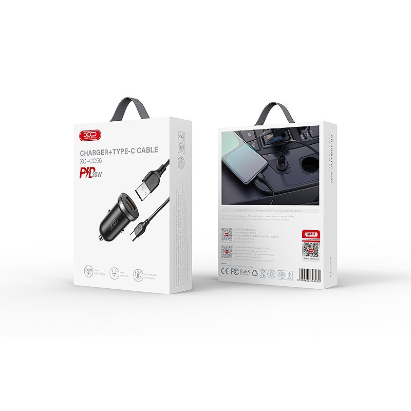 XO car charger CC56 PD 30W QC 1x USB 1x USB-C black + USB - USB-C cable - Billede 2