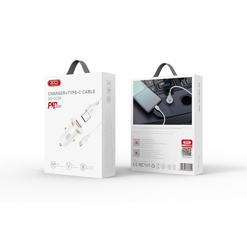 XO car charger CC56 PD 30W QC 1x USB 1x USB-C white + USB - USB-C cable - Billede 2