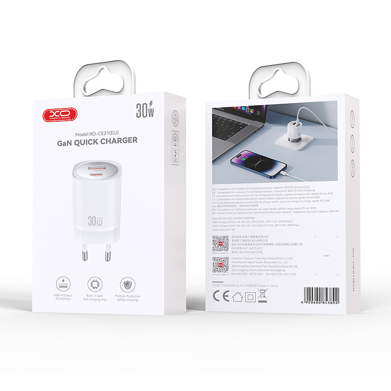 XO wall charger CE21 PD 30W 1x USB-C 1x USB white - Billede 3