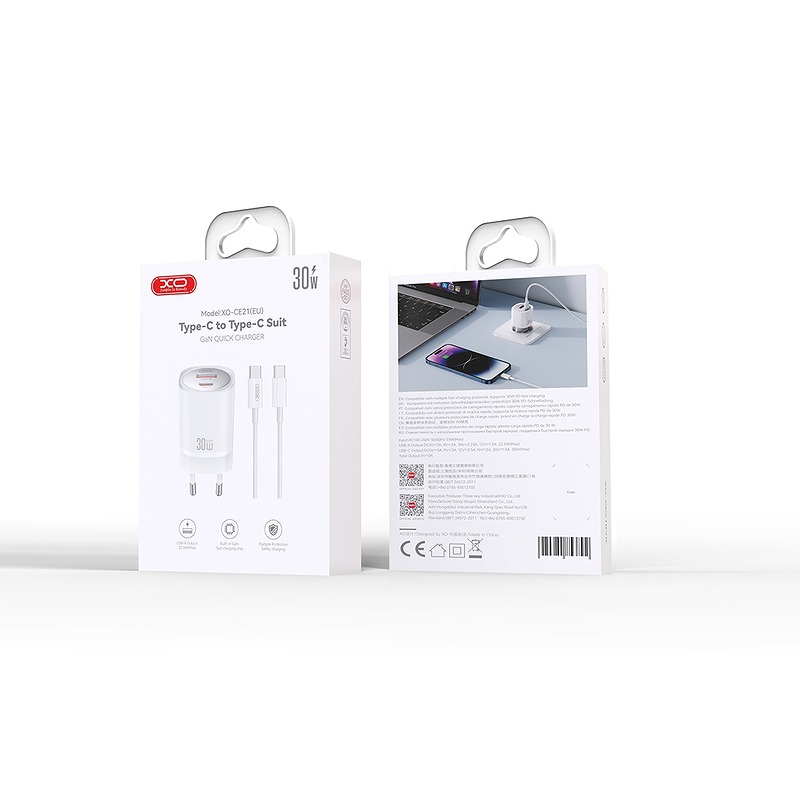 XO wall charger CE21 PD 30W 1x USB-C 1x USB white + cable USB-C - USB-C - Billede 4