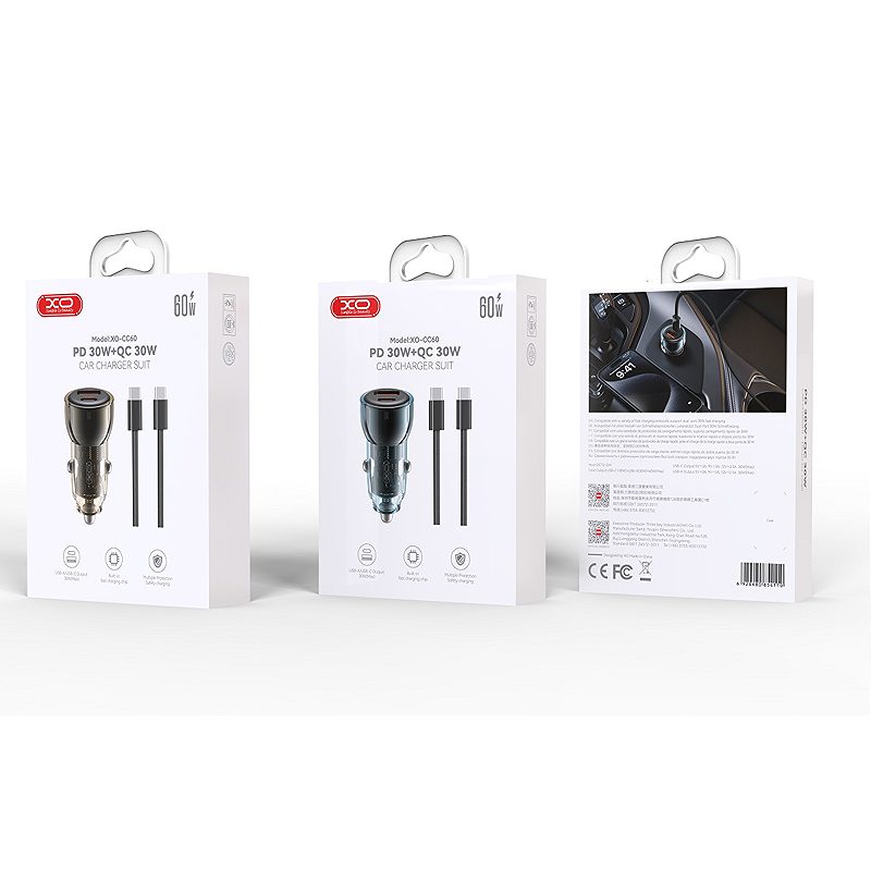 XO car charger CC60 60W 1x USB 1x USB-C blue + USB-C - USB-C cable - Billede 3