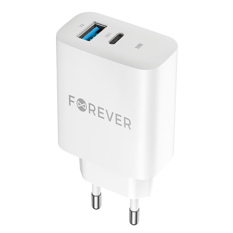 Forever TC-07-30AC PD QC charger 1x USB-C 1x USB 30W white + USB-C - USB-C cable 60W - Billede 2