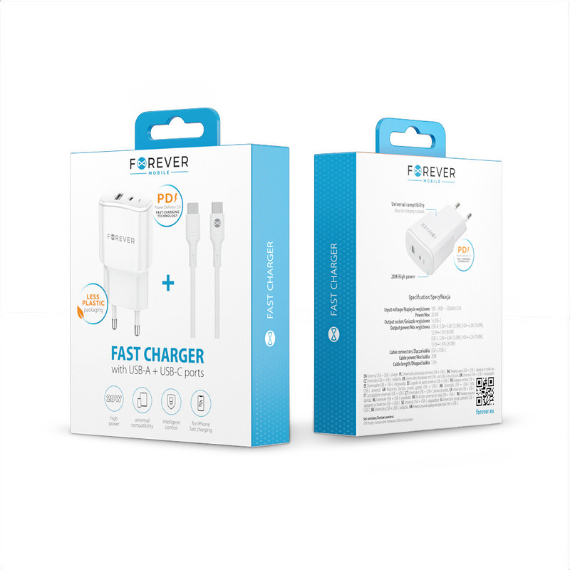 Forever TC-01-20AC PD QC charger 1x USB-C 1x USB 20W white + USB-C - USB-C cable 20W - Billede 2
