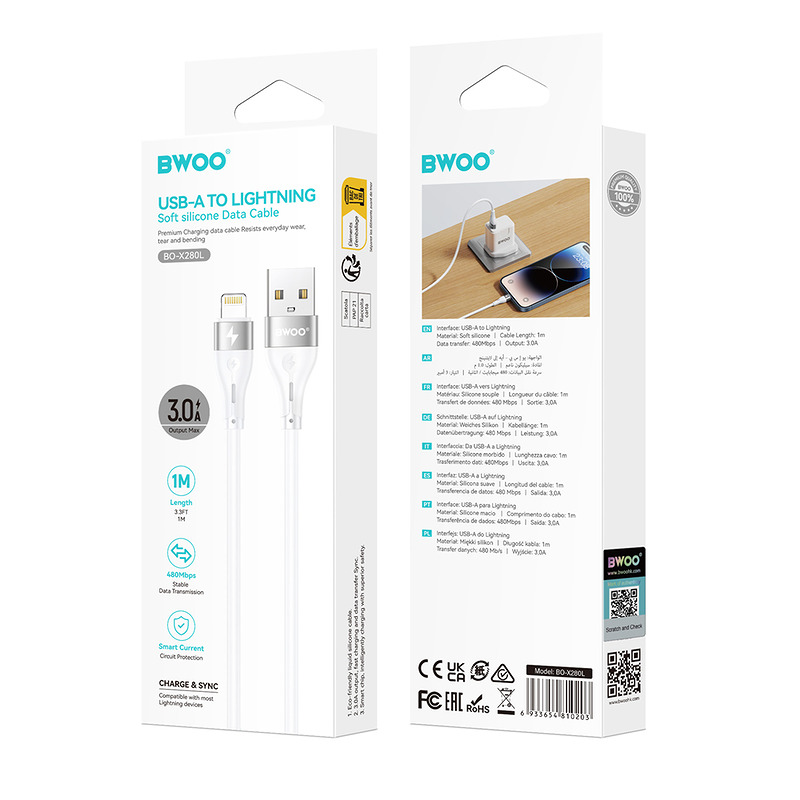 BWOO Cable USB - Lightning 1m 3A Minimalist Silicone White X280L - Billede 2