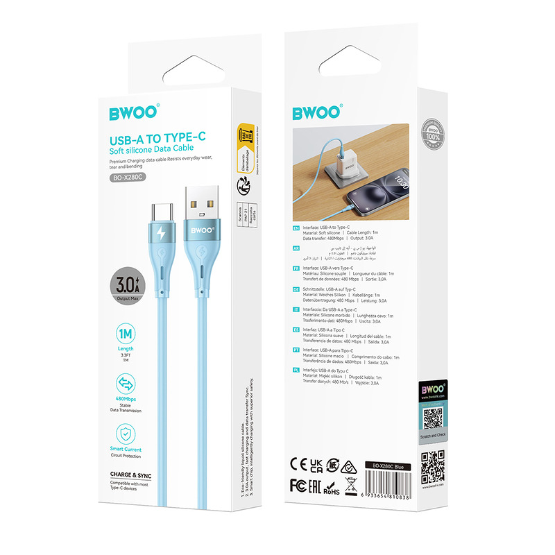 BWOO Cable USB - USB-C 1m 3A Minimalist Silicone Blue X280C - Billede 2