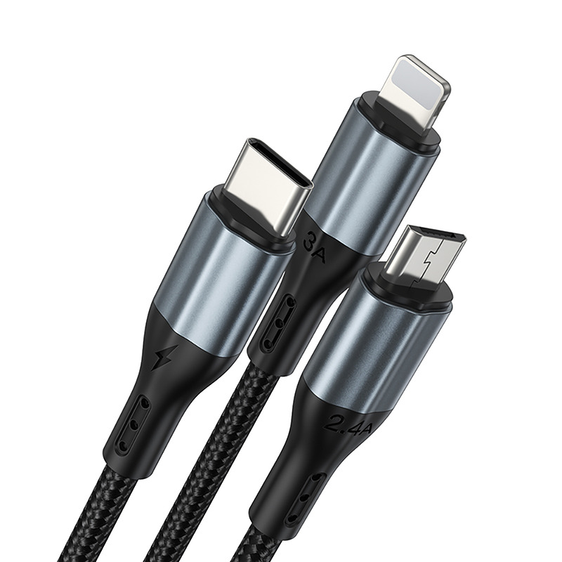 BWOO 3-in-1 Cable USB - USB-C, Lightning, Micro USB 1m 3A X274 black - Billede 2