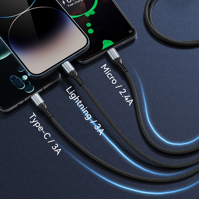 BWOO 3-in-1 Cable USB - USB-C, Lightning, Micro USB 1m 3A X274 black - Billede 5