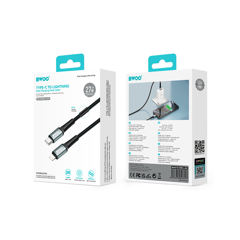 BWOO Braided Cable USB-C - Lightning 2m 30W black - Billede 4