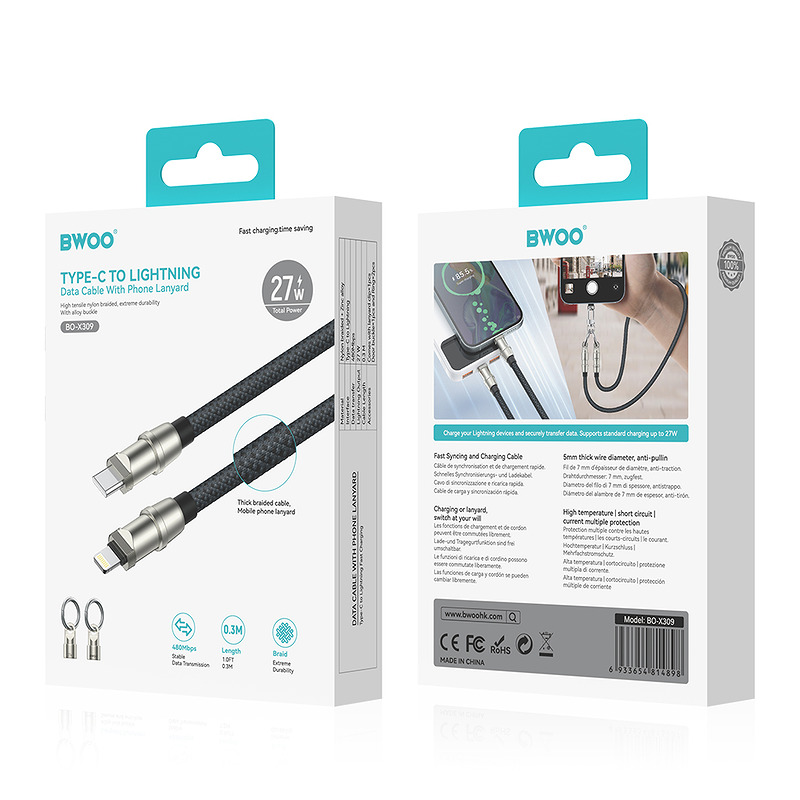 BWOO Lanyard Cable USB-C - Lightning 0.3m 27W with strap - Billede 4
