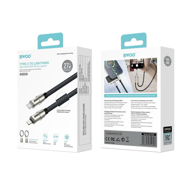BWOO Lanyard Cable USB-C - Lightning 0.3m 27W with strap - Billede 5