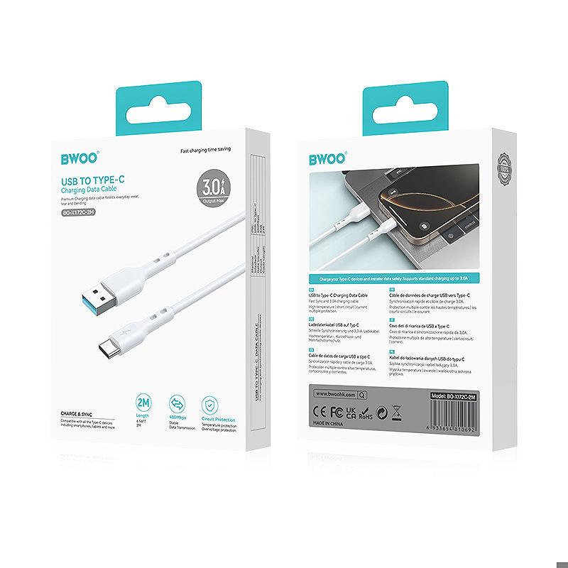 BWOO Cable USB - USB-C 2m 3A white - Billede 4