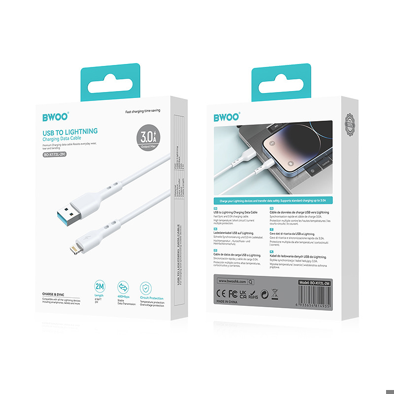 BWOO Cable USB - Lightning 2m 3A white - Billede 4