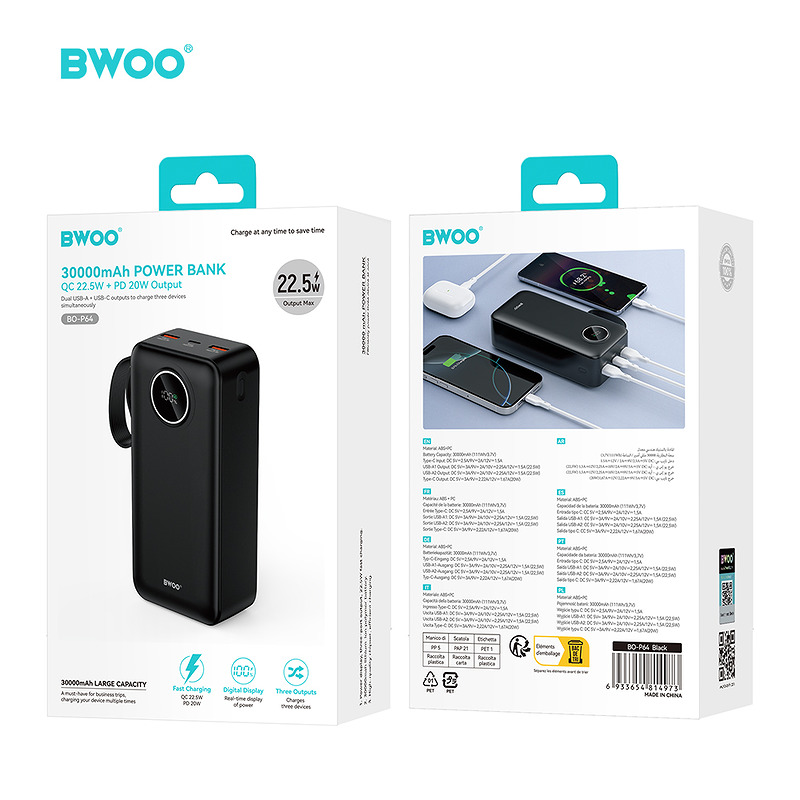 BWOO 22,5W 30000 mAh power bank with LCD screen, black - Billede 5