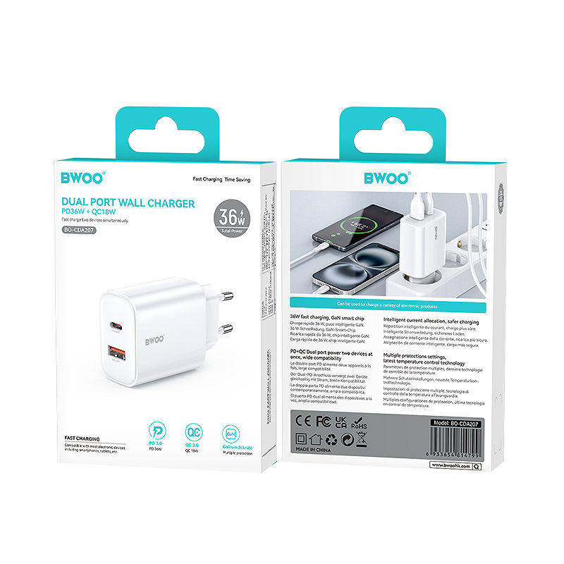 BWOO CDA207 PD 36W wall charger 1x USB-A + USB-C port white - Billede 4