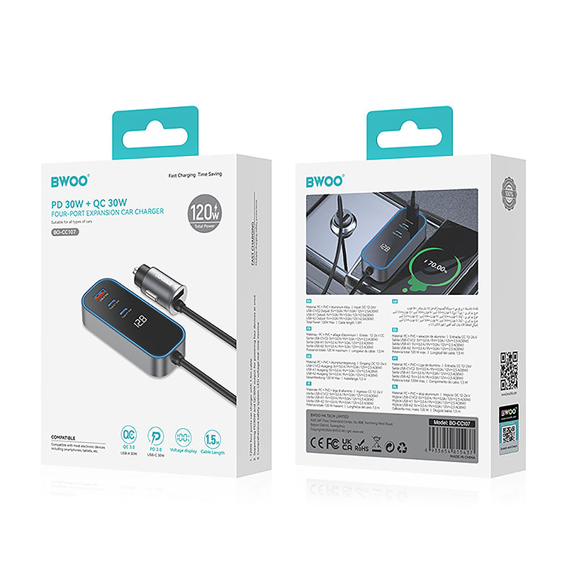 BWOO CC107 PD car charger 1x USB-C - USB-A port 30W black - Billede 4